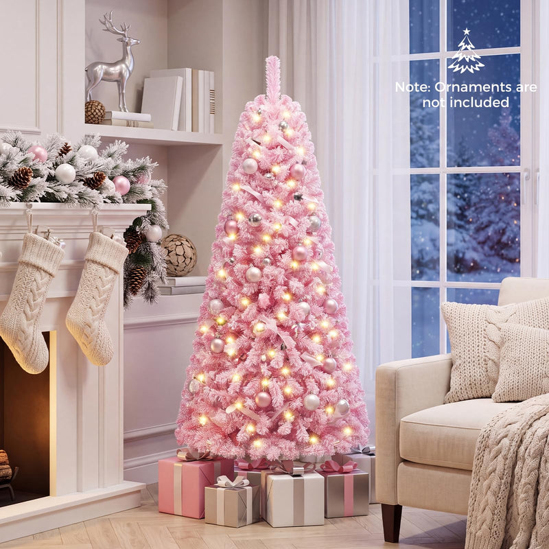 Load image into Gallery viewer, Goplus 5ft/6ft/7ft Pink Pre-Lit Flocked Christmas Trees | Hinged Artificial Xmas Tree