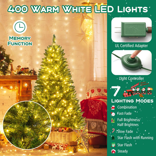 Goplus Pre-Lit Artificial Christmas Tree with 7 Lighting Modes & Folding Metal Stand