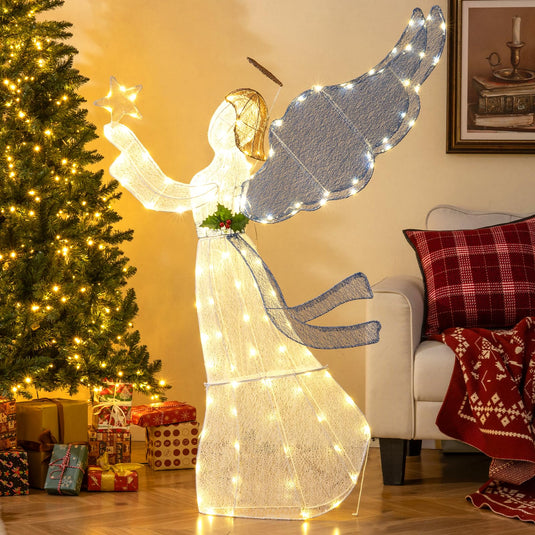 Goplus 5 Ft Lighted Christmas Angel with Star Halo Spreading Wings
