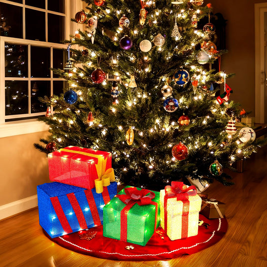 Goplus Christmas Lighted Gift Boxes Set of 4 | Light Up Present Boxes with Colorful Bows
