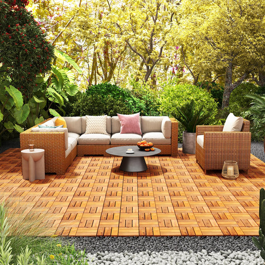 Goplus 27 PCS Interlocking Patio Deck Tile 12” x 12” Acacia Wood Patio Tiles