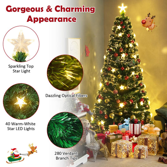Goplus 7ft Fiber Optic Artificial Christmas Tree Pre-Lit Christmas Tree with 40 Star LED Lights