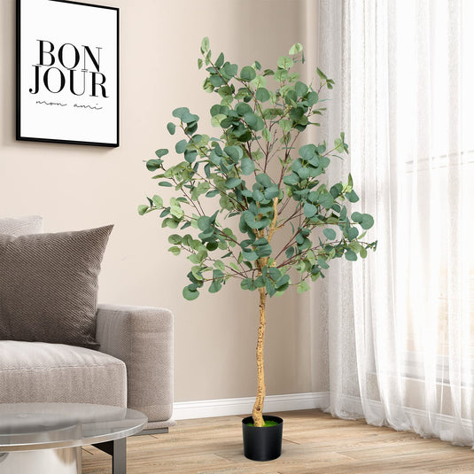 Goplus 5.5ft Artificial Eucalyptus Tree, Tall Faux Eucalyptus Stems Fake Plants in Pot with 517 Silver Dollar Leaves