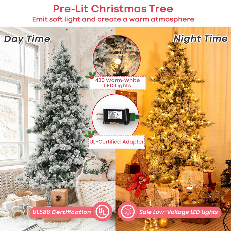 Load image into Gallery viewer, Goplus 7 FT Pre-Lit Snow Flocked Christmas Tree, Artificial Hinged Xmas Tree with 1057 PVC & Pine Needles Branch Tip