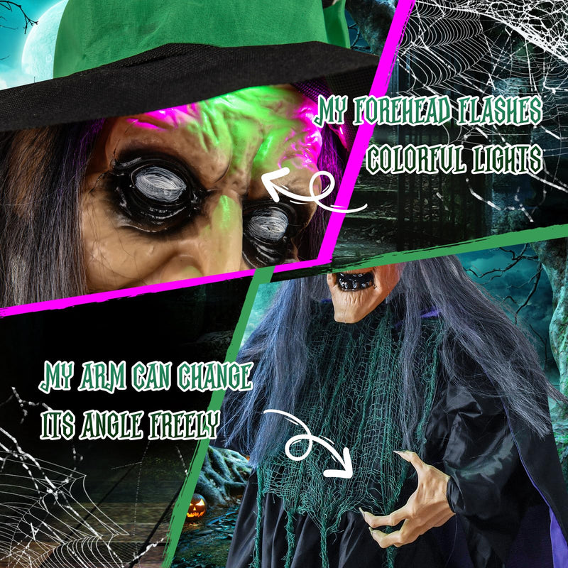 Load image into Gallery viewer, Goplus Witch with Broomstick Halloween Animatronic, Life Size Animated Halloween Prop with Laughing and Screaming Sound