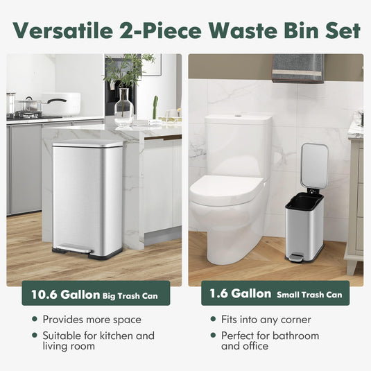 Goplus Step Trash Can Combo Set, 10.6 Gal/40 L and 1.6 Gal/6 L Stainless Steel Waste Bin