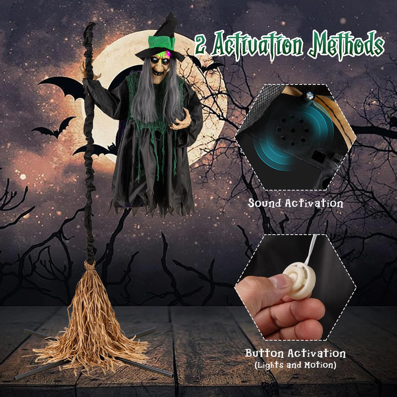 Load image into Gallery viewer, Goplus Witch with Broomstick Halloween Animatronic, Life Size Animated Halloween Prop with Laughing and Screaming Sound