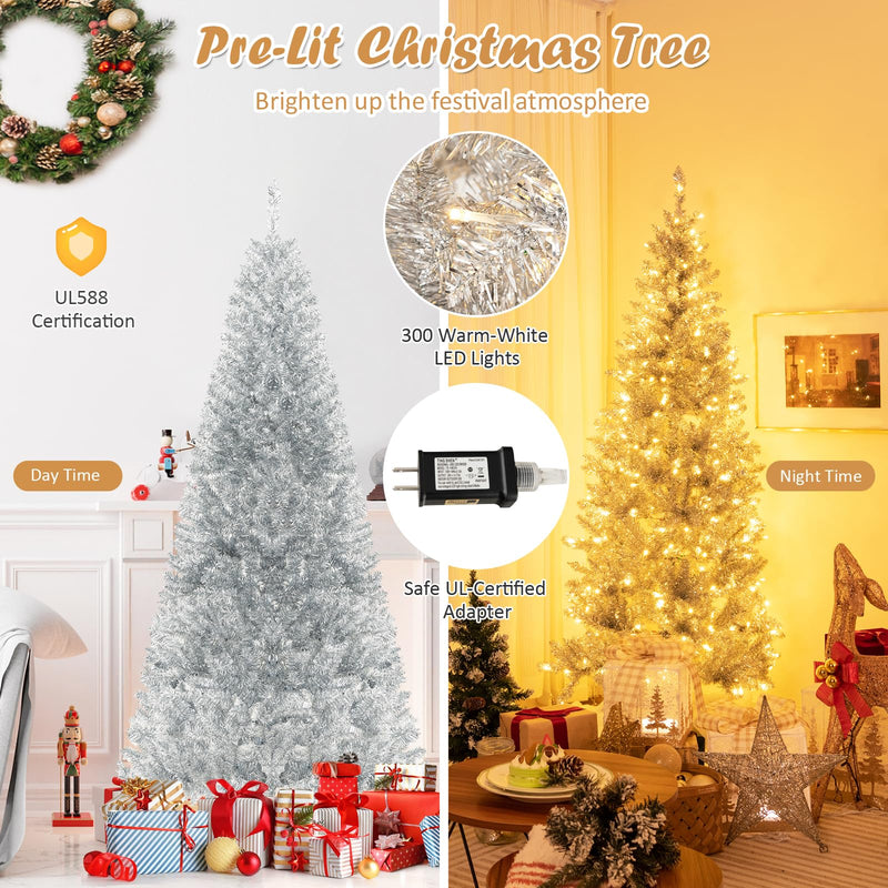 Load image into Gallery viewer, Goplus 6ft Pre-lit Silver Pencil Christmas Tree, Artificial Tinsel Electroplated Tree, Decor for Home