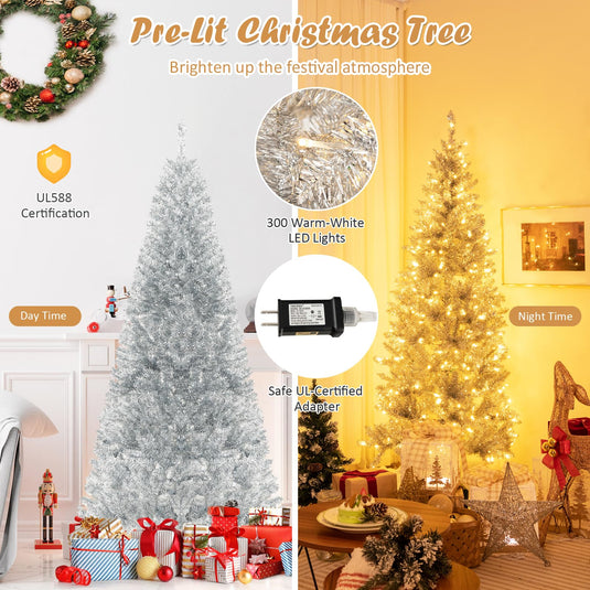 Goplus 6ft Pre-lit Silver Pencil Christmas Tree, Artificial Tinsel Electroplated Tree, Decor for Home