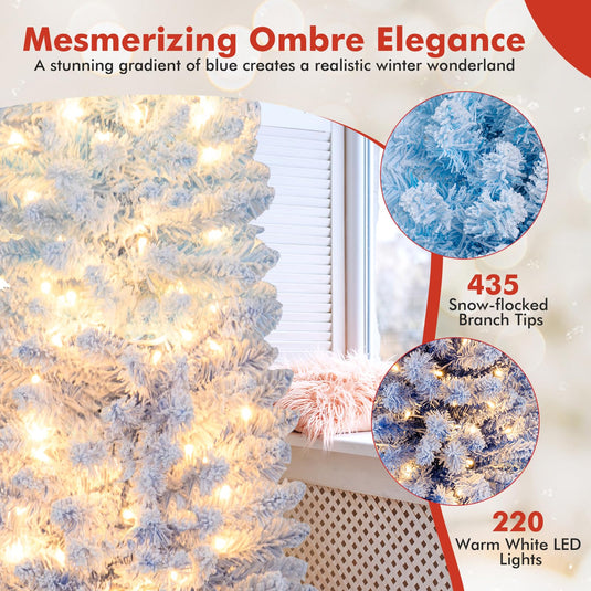 Goplus 6FT / 7FT Blue Gradient Snow Flocked Christmas Tree with Warm White LED Lights