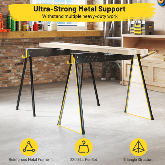 Goplus Saw Horses 2-Pack Folding, 2200 LBS Heavy-Duty Metal Saw Horses w/ 2 x 4 Brackets