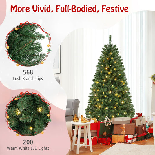 Goplus 6ft Pre-Lit Christmas Tree, Artificial Hinged Xmas Tree with 200 Warm White LED Lights