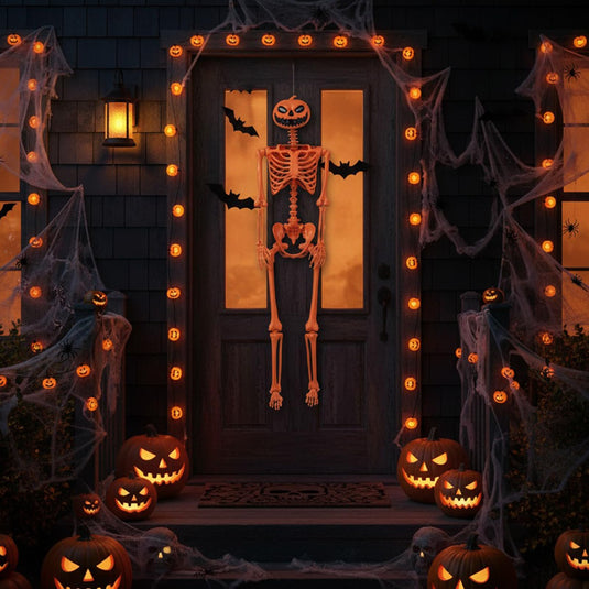 Goplus 5.2 Ft Life-Size Posable Skeleton with Pumpkin Head Halloween Orange Skeleton Decoration