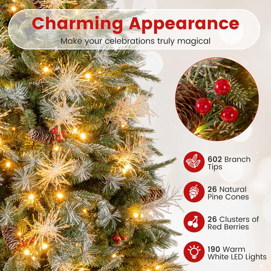 Goplus 5FT / 6FT / 7FT Pre-Lit Artificial Christmas Tree with LED Lights Pine Cones Berries