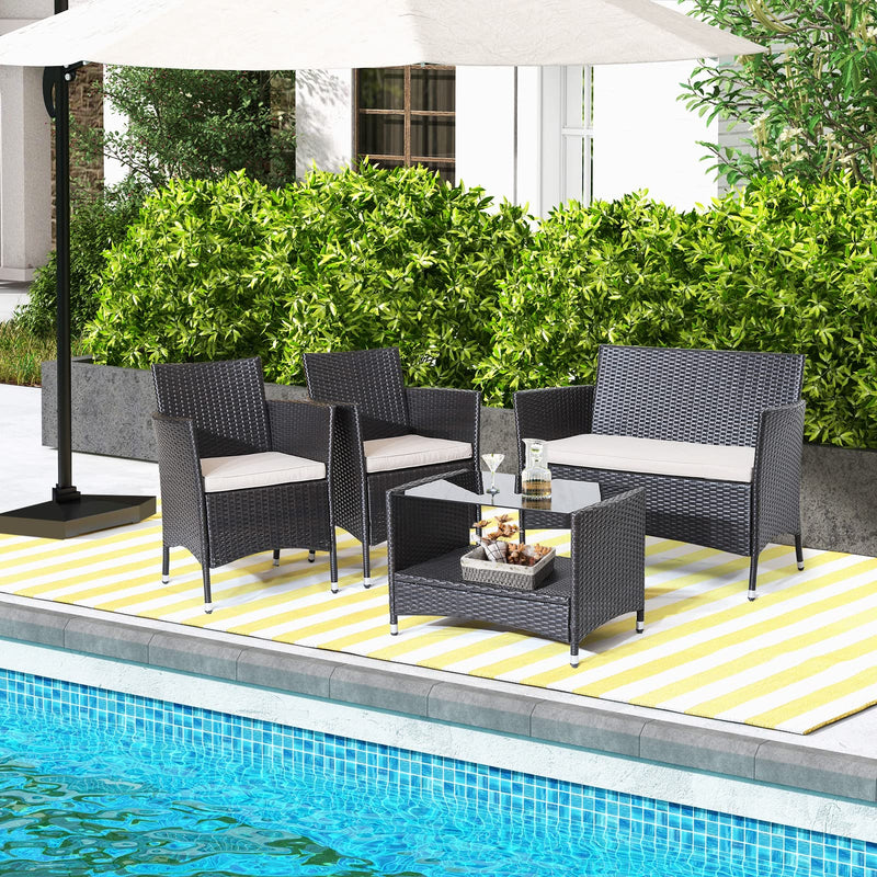 Load image into Gallery viewer, Goplus 4PCS Patio Rattan Furniture Set Armrest Cushion Sofa Coffee Table W/Shelf Garden