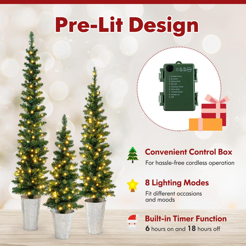 Load image into Gallery viewer, Goplus 3' 4' 5' Pre-Lit Artificial Christmas Tree Set of 3, Slim Pencil Potted Xmas Tree with 423 Branch Tips, 230 Warm White LED Lights