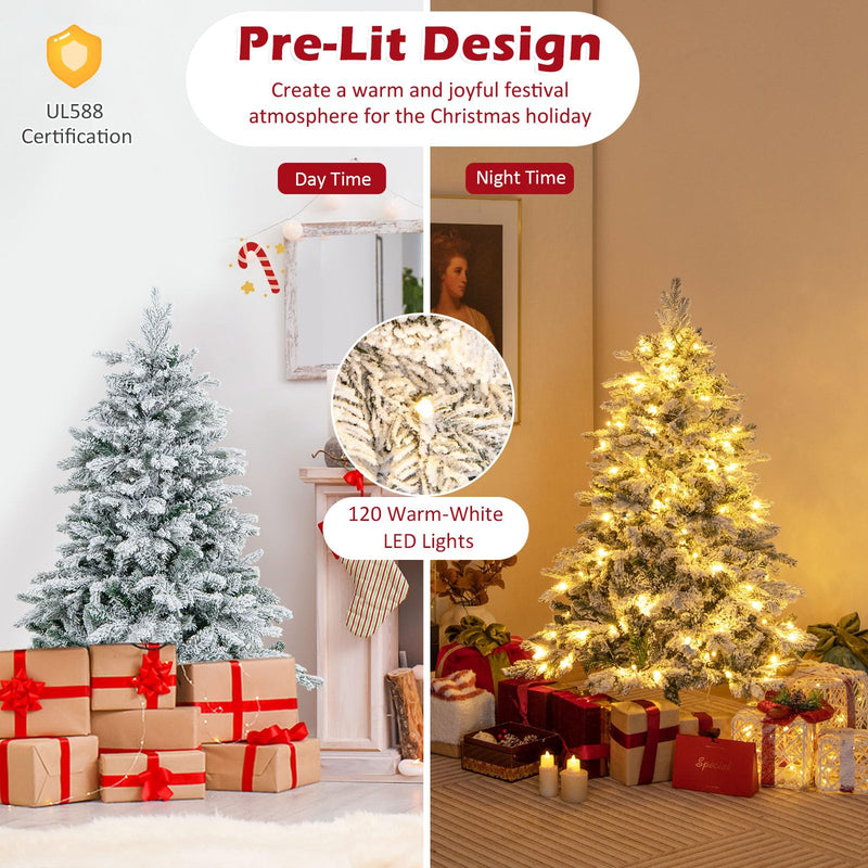 Load image into Gallery viewer, Goplus Pre-Lit Snow Flocked Christmas Tree, Artificial Hinged Xmas Tree with Branch Tips, PE & PVC Mixed Leaves