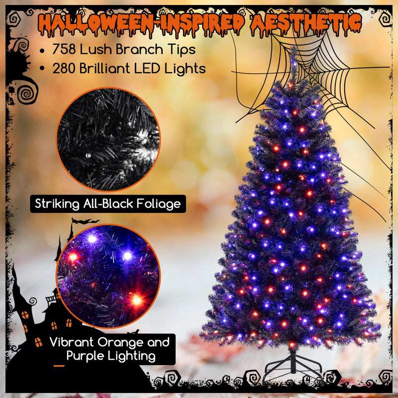 Load image into Gallery viewer, Goplus 6/7/8 FT Pre-Lit Black Halloween Tree, Artificial Hinged Christmas Tree with 280/380/500 Orange & Purple LED Lights