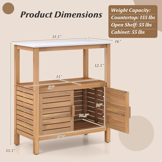 Goplus Outdoor Acacia Wood Buffet Cabinet with Marble-Like Countertop ( 31.5” x 16” x 35.5” )