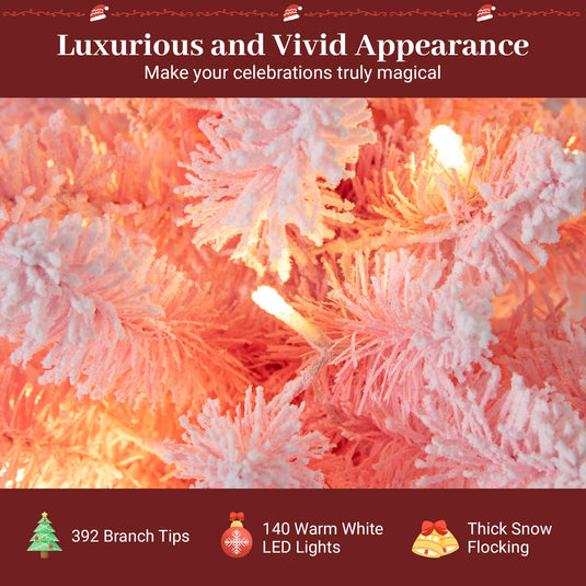 Goplus 6ft / 7ft Pink Slim Pencil Christmas Tree | Pre-lit Snow Flocked Artificial Skinny Xmas Tree