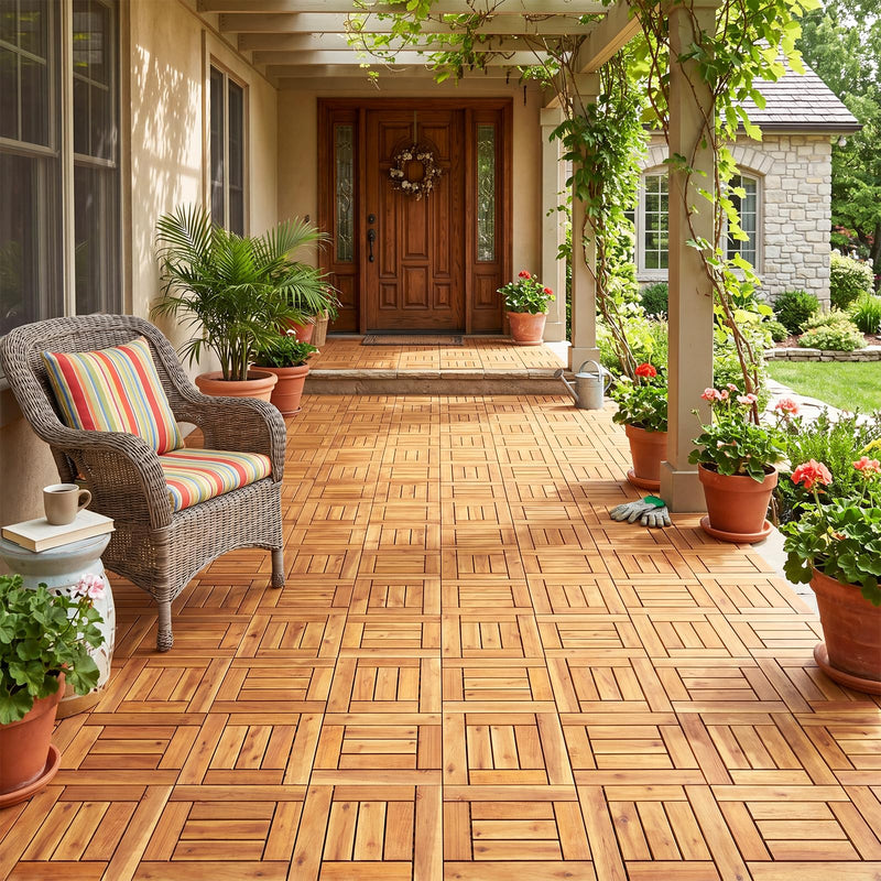 Load image into Gallery viewer, Giantex Golden Teak Frame Acacia Wood Deck Tiles 27/54 sq.ft Waterproof Outdoor Floor Tiles