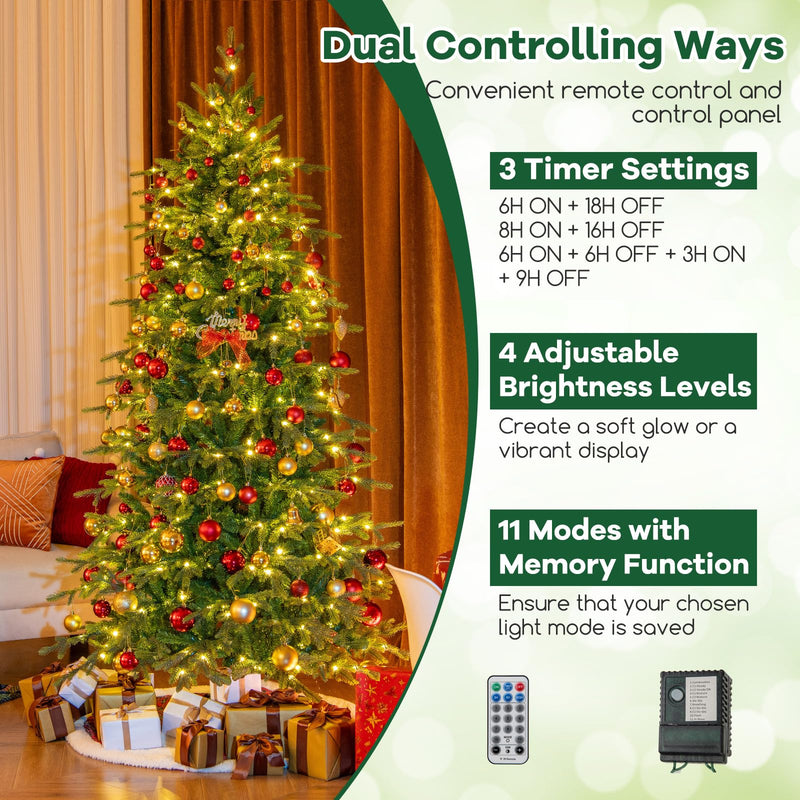 Load image into Gallery viewer, Goplus 7.5ft Pre-Lit Artificial Christmas Tree with 1162 PVC & PE Tips, 380 Multicolored & Warm White LED Lights