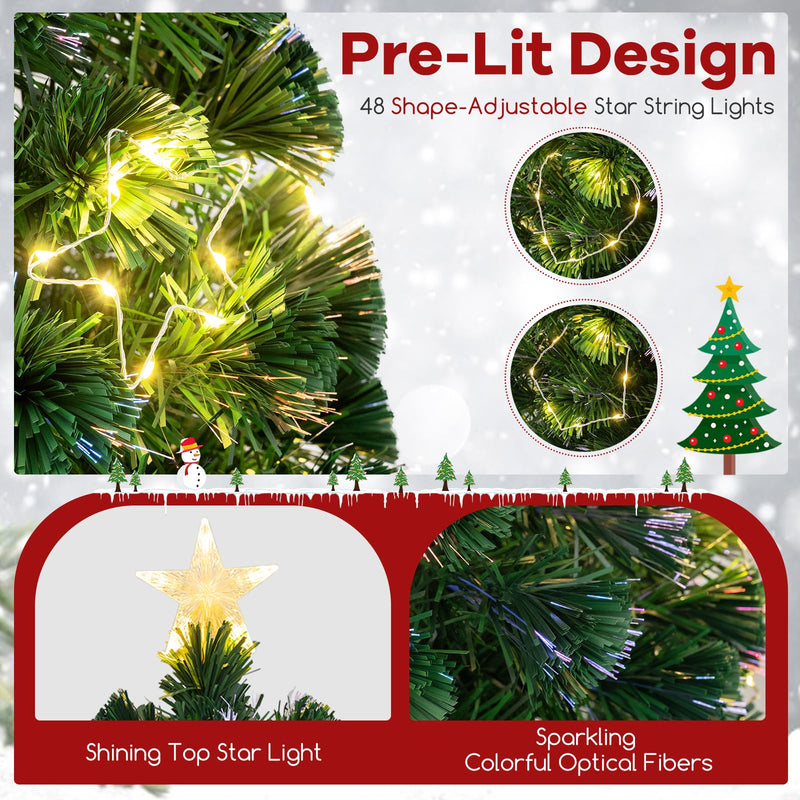 Load image into Gallery viewer, Goplus 7ft Pre-Lit Fiber Optic Christmas Tree, Artificial Lighted Xmas Tree with 48 Warm-White Shape-Adjustable Star String Lights