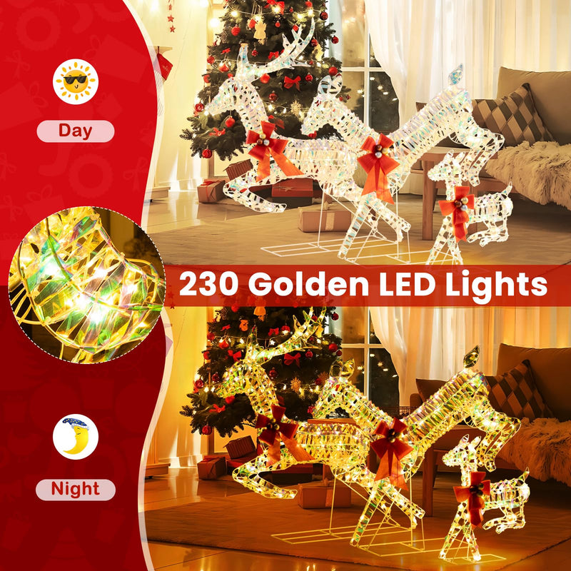 Load image into Gallery viewer, Goplus Christmas Lighted Reindeer, Set of 3 Reindeer Decorations with LED Lights and Red Bows