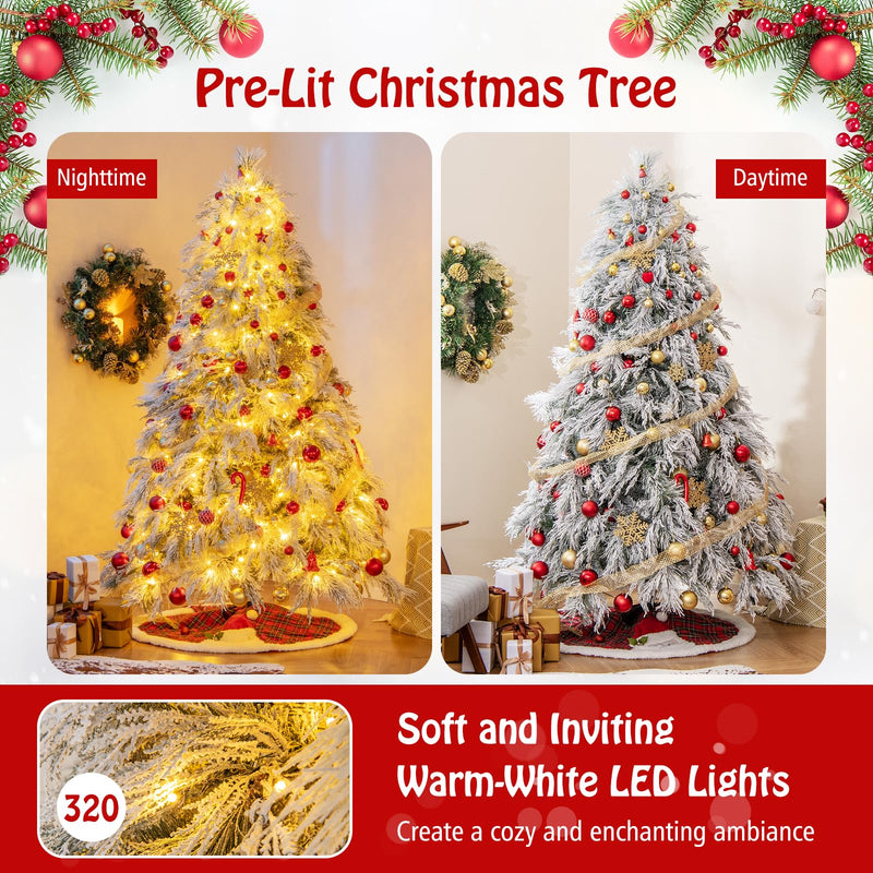 Load image into Gallery viewer, Goplus 7ft Pre-Lit Snow Flocked Christmas Tree, Artificial Hinged Full Xmas Tree with 743 PVC & Pine Needles