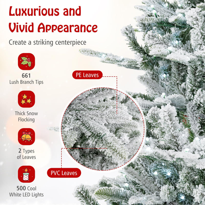 Load image into Gallery viewer, Goplus 6/7/8 ft Pre-Lit Snow Flocked Christmas Tree, Artificial Hinged Xmas Tree with 661/1119/1447 PVC & PE Tips