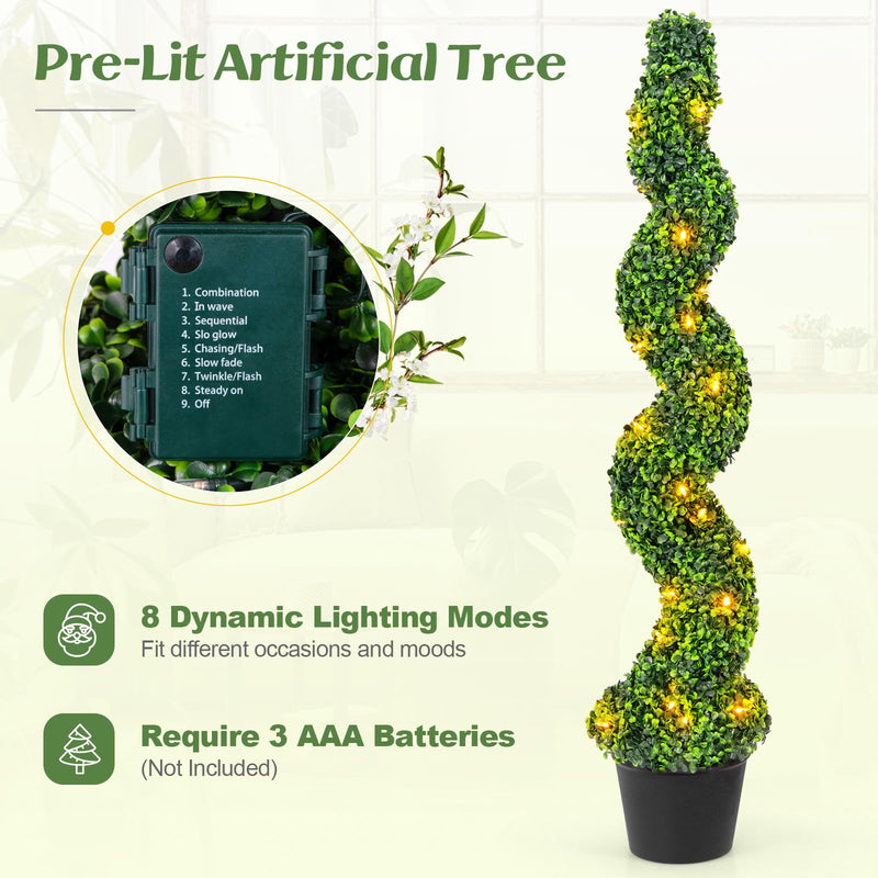 Load image into Gallery viewer, Goplus 4FT Pre-Lit Artificial Spiral Boxwood Topiary Tree w/ 100 LED Lights, Nursery Pot, Indoor Outdoor Home Front Porch Holiday Decoration