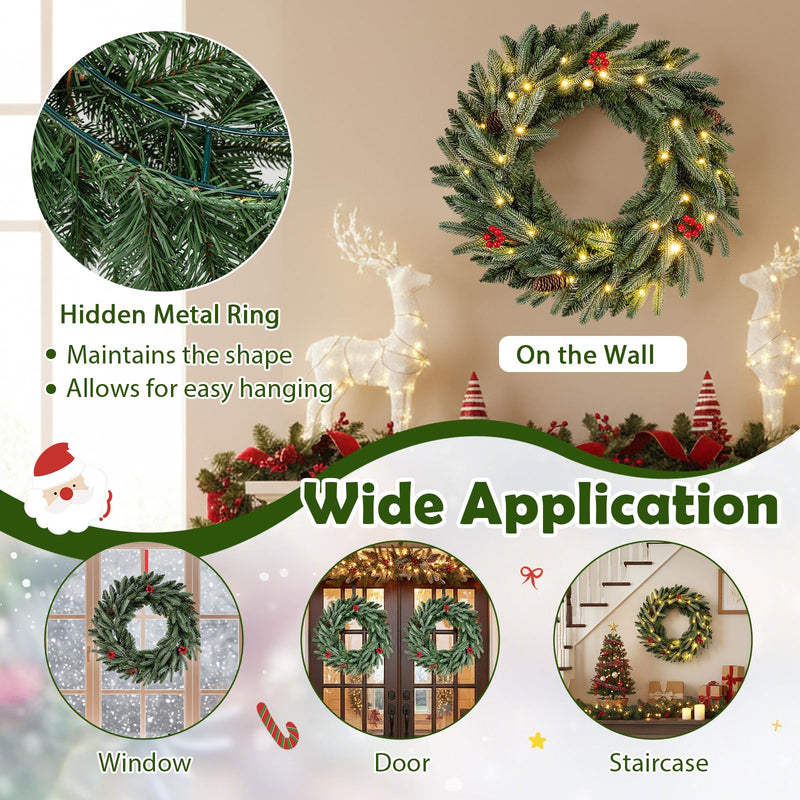 Load image into Gallery viewer, 24” Pre-lit Christmas Wreath Front Door Artificial Xmas Wreath with 90 Frosted Branch Tips