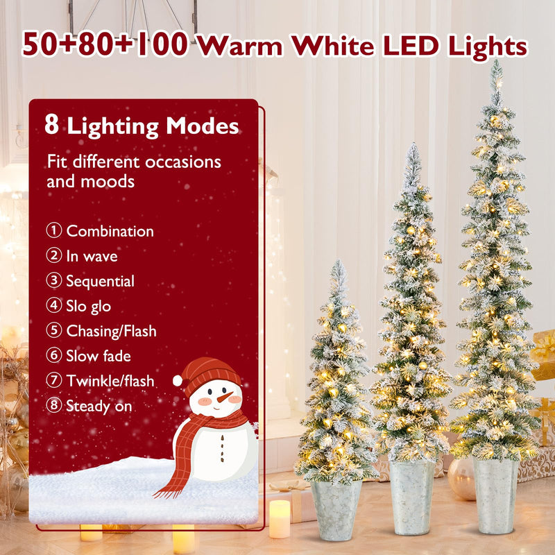 Load image into Gallery viewer, Goplus 3' 4' 5' Pre-Lit Snow Flocked Christmas Tree Set of 3, Slim Pencil Artificial Potted Xmas Trees with 423 Branch Tips