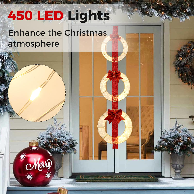 Load image into Gallery viewer, Goplus Set of 3 Pre-Lit Wreaths, 5.8 FT Xmas Light-up Decorations on Red Ribbon with 450 LED Lights