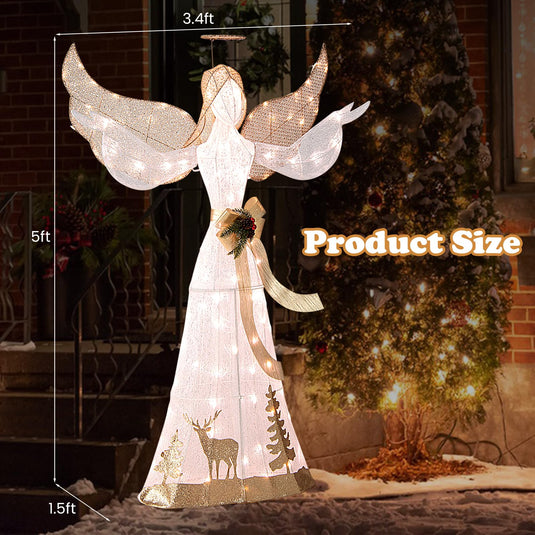 Goplus Pre-lit 3D Glittered Angel with 100 Warm White Lights Halo Bow Ground Stakes