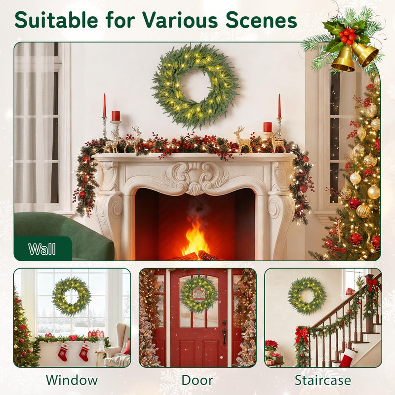 Load image into Gallery viewer, 24 Inch Pre-lit Christmas Wreath with 108 Branch Tips and 35 Warm White LED Lights for Wall Window-1 piece