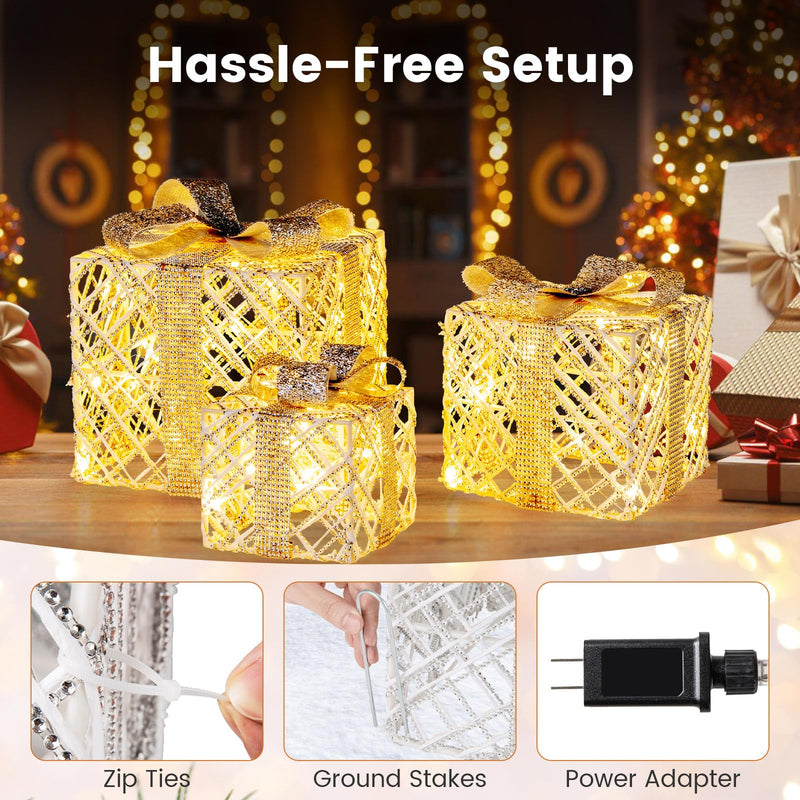 Load image into Gallery viewer, Goplus Set of 3 Christmas Lighted Gift Boxes, 90 LED Light up Present Boxes with Bows