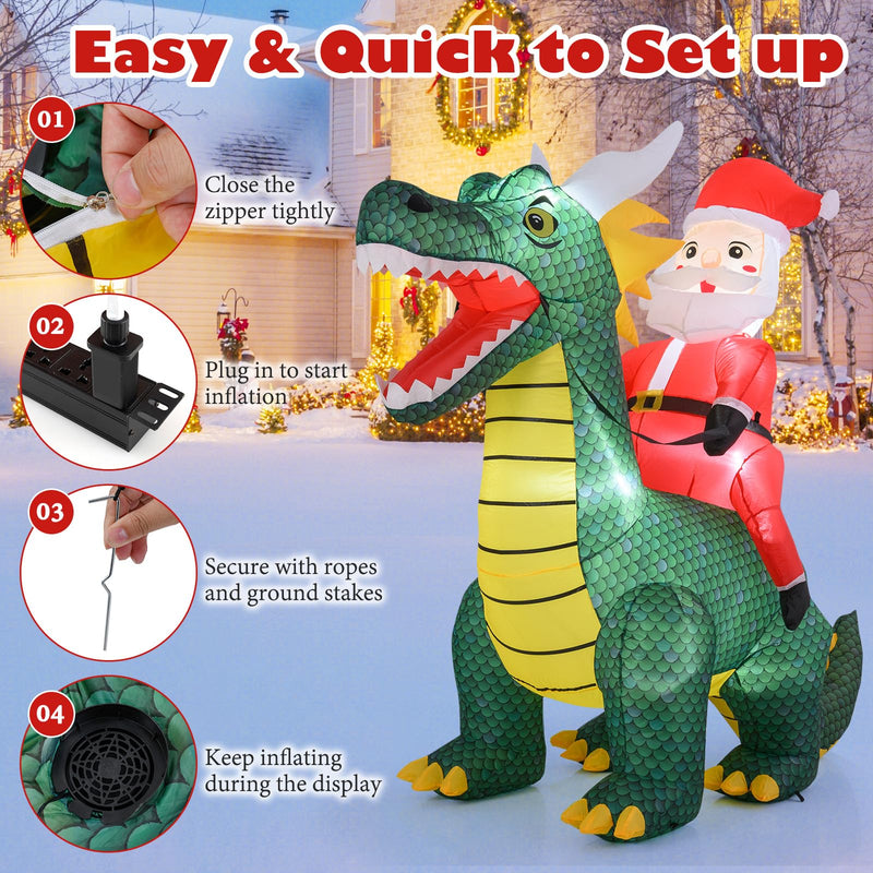 Load image into Gallery viewer, Goplus 6.7 FT Inflatable Christmas Santa Claus Riding Dinosaur Decoration with Lights Stakes