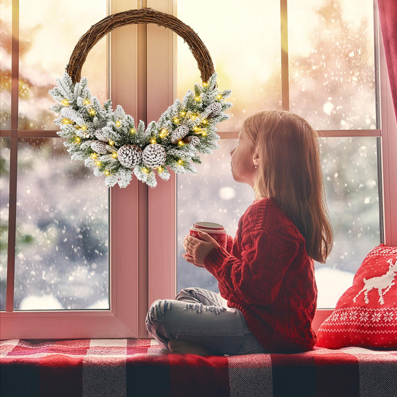 Load image into Gallery viewer, Goplus 24” Pre-Lit Artificial Christmas Wreath, Snow Flocked Xmas Wreath with 35 Battery Operated Warm White LED Lights