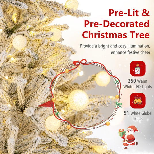 Goplus Pre-Lit Snow Flocked Christmas Tree with Warm White LED Lights & Globe Lights