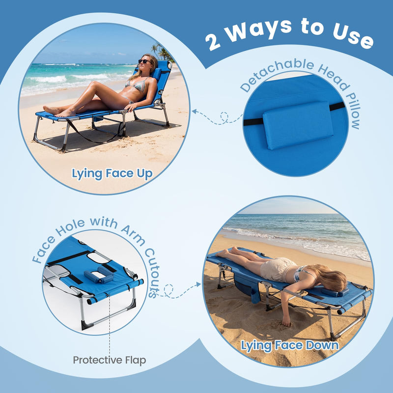 Load image into Gallery viewer, Goplus Tanning Chair with Face Arm Holes w/4-Level Backrest & Head Pillow for Pool Beach