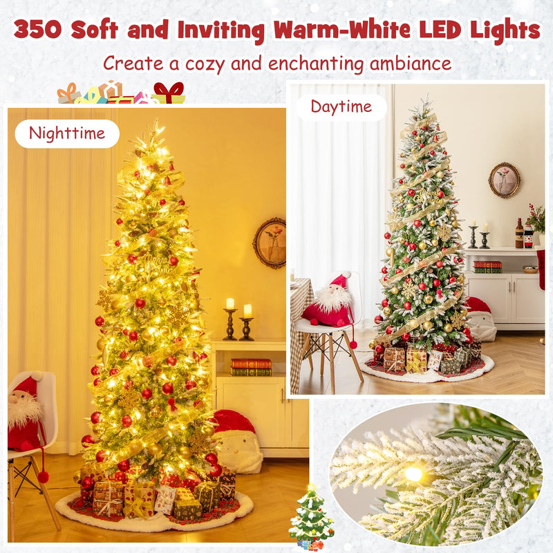 Load image into Gallery viewer, Goplus 7.5 FT Pre-Lit Pencil Christmas Tree, Artificial Snow Flocked Hinged Fake Slim Xmas Tree with 350 Warm-White LED Lights