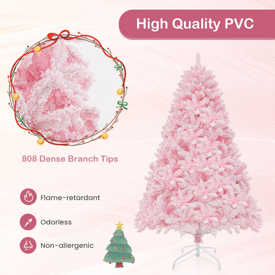 Goplus 6FT Pink Pre-lit Christmas Tree, Hinged Snow Flocked Artificial Xmas Tree, Seasonal Holiday Decoration for Office Home
