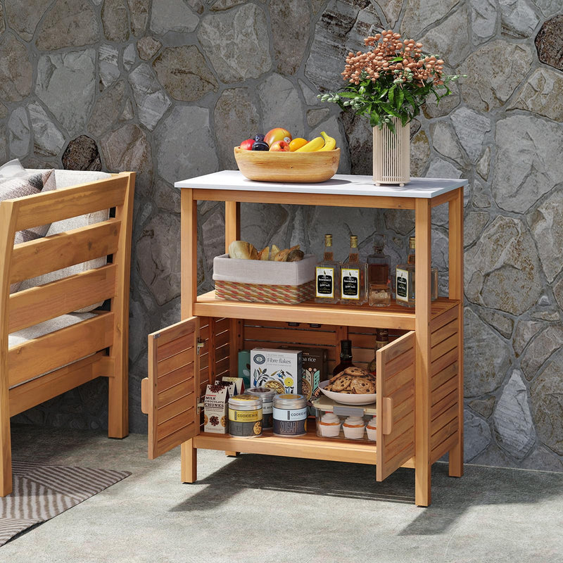 Load image into Gallery viewer, Goplus Outdoor Acacia Wood Buffet Cabinet with Marble-Like Countertop ( 31.5” x 16” x 35.5” )