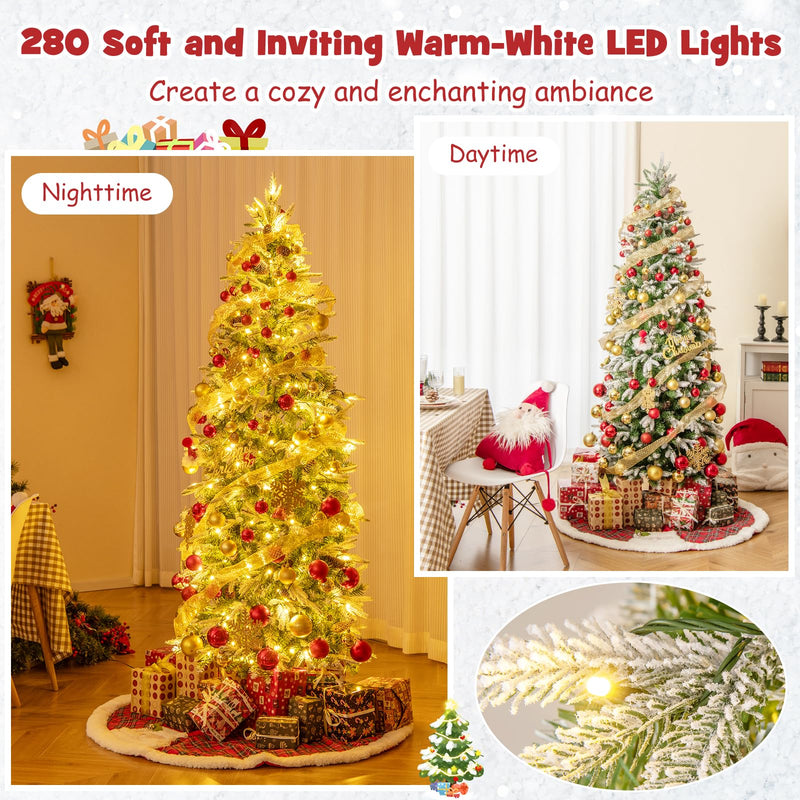 Load image into Gallery viewer, Goplus 6 FT Pre-Lit Pencil Christmas Tree, Artificial Snow Flocked Hinged Xmas Tree with 280 Warm-White LED Lights