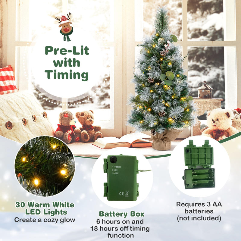 Load image into Gallery viewer, Goplus 3ft Pre-Lit Mini Tabletop Christmas Tree with 30 Warm White LED Lights, Timer, 98 Flocked PVC & Pine Needles