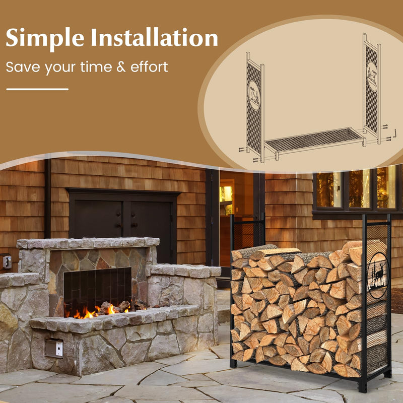 Load image into Gallery viewer, Goplus Firewood Rack Outdoor, 4 FT Metal Log Storage Rack with Mesh Sides & Base