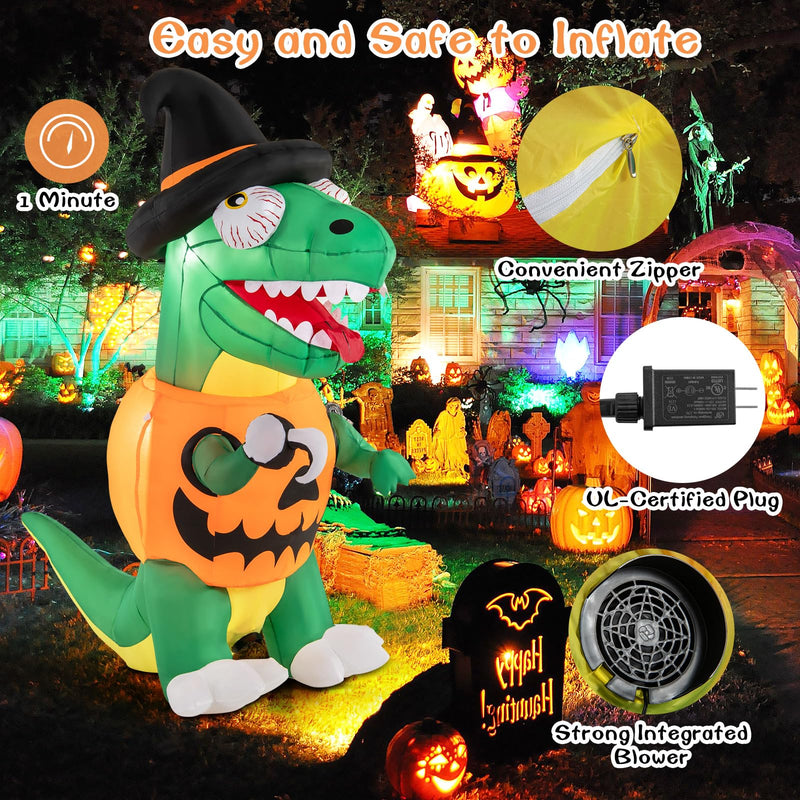 Load image into Gallery viewer, Goplus 6 FT Inflatable Pumpkin Dinosaur, Blow up Yard Decoration with Built-in LED Lights & Witch Hat