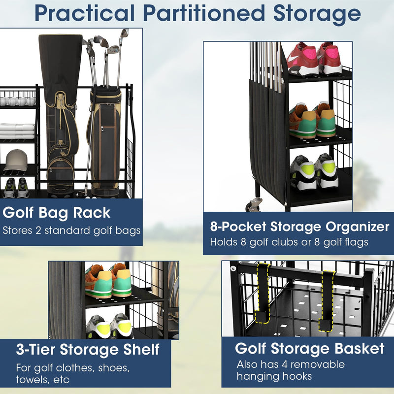 Load image into Gallery viewer, Goplus Golf Bags Storage Garage Organizer, Golf Bag Rack with Lockable Universal Wheels for Golf Clubs