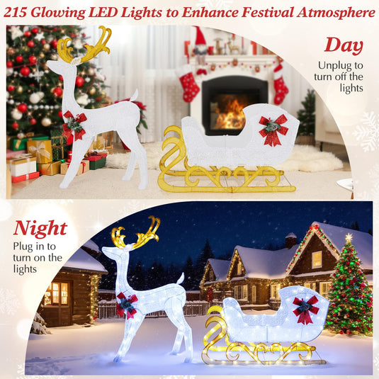 Goplus Lighted Christmas Reindeer and Sleigh w/ 215 LED Lights